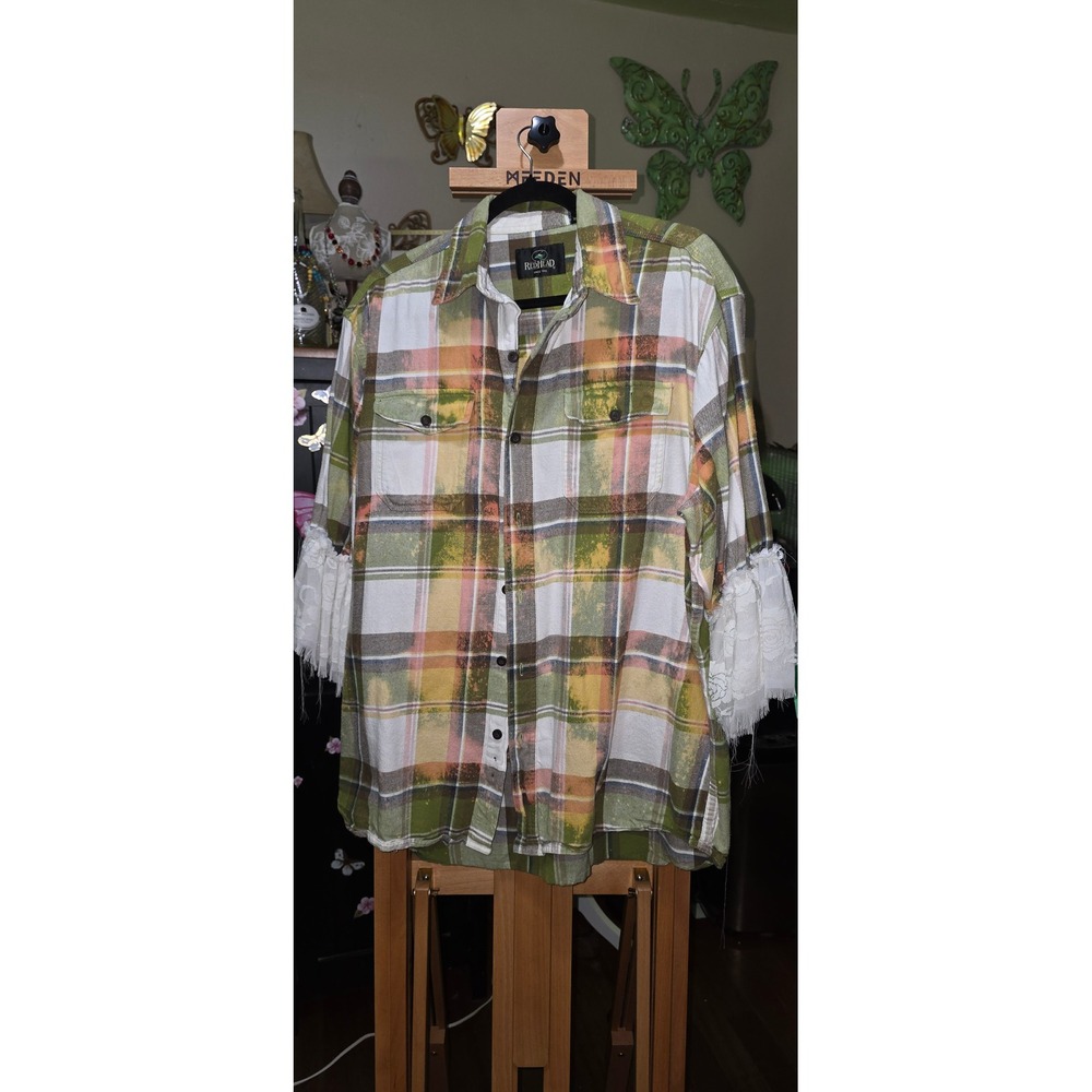 Custom RedHead Bleached Flannel Shirt Green Plaid Steer Skull Lace Bell Sleeve